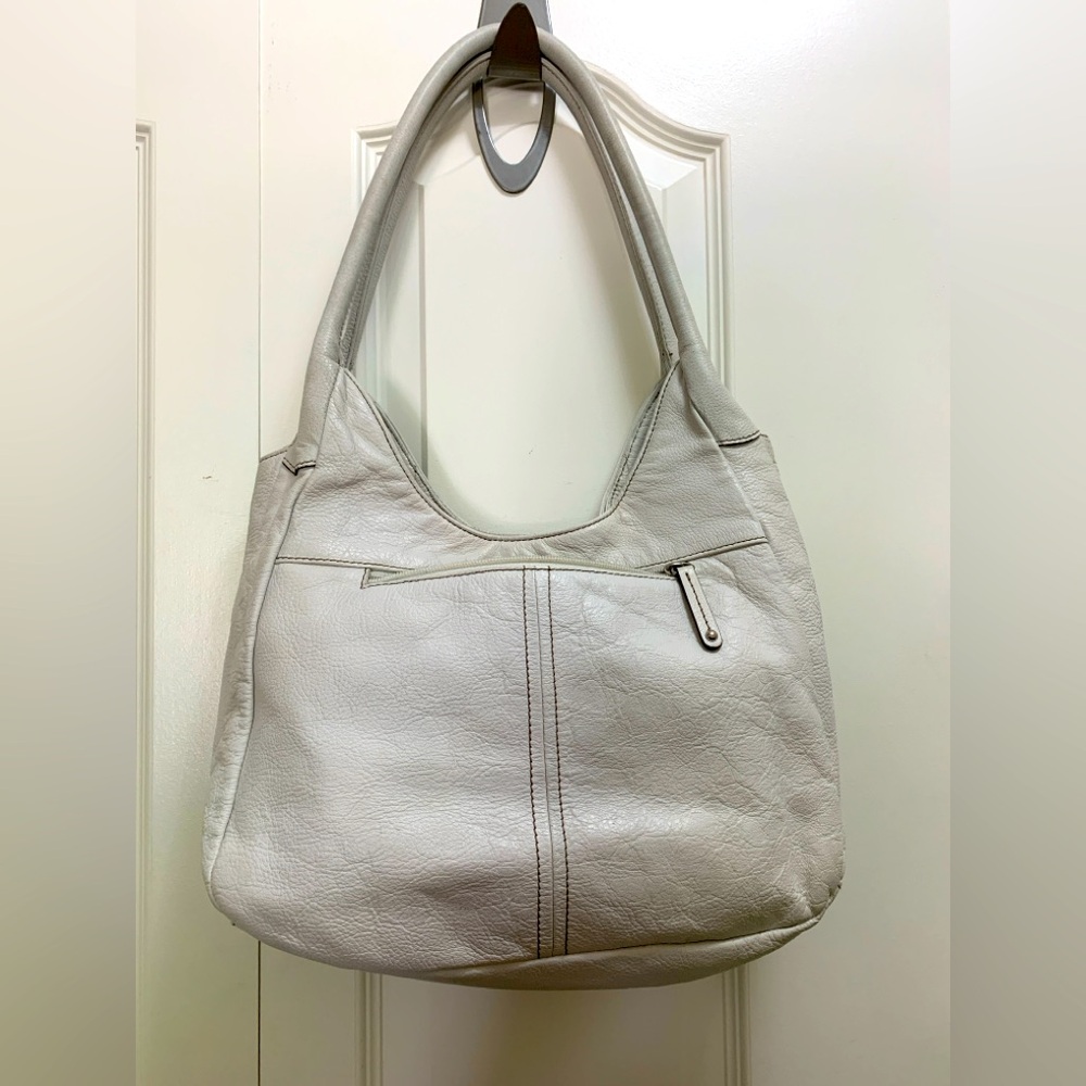 White DANIER Leather Dust Bag Hobo Slouch Floral Fabric Lined 3 Outer Zip Pocket